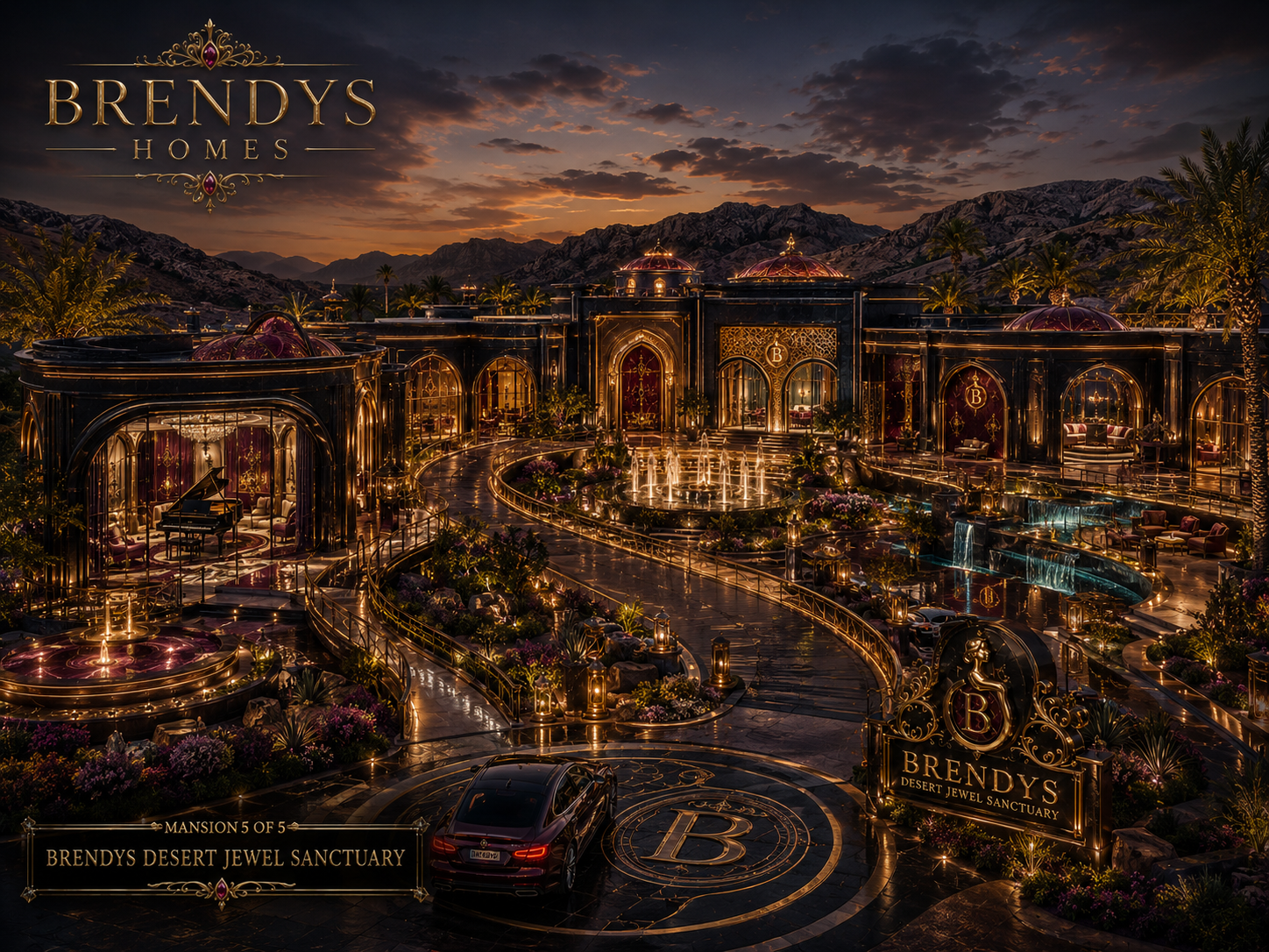 BRENDYS Desert Jewel Sanctuary among desert mountains with internal gardens and water